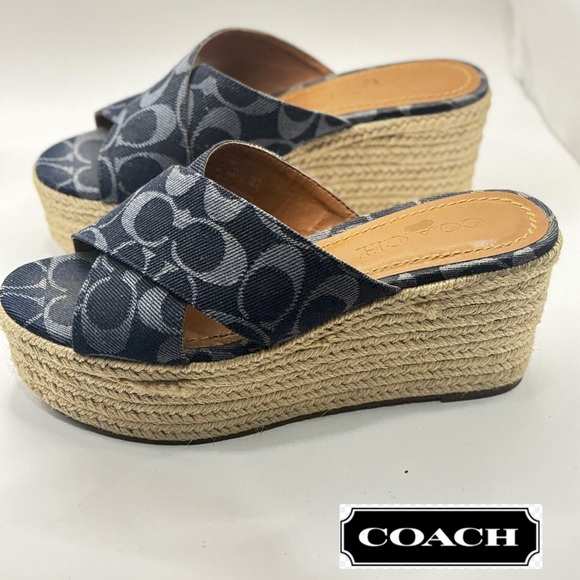 Coach-Denim Monogram Wedge Espadrille-Sandals
Women size 6.5 
3" wedge heel - Picture 1 of 14